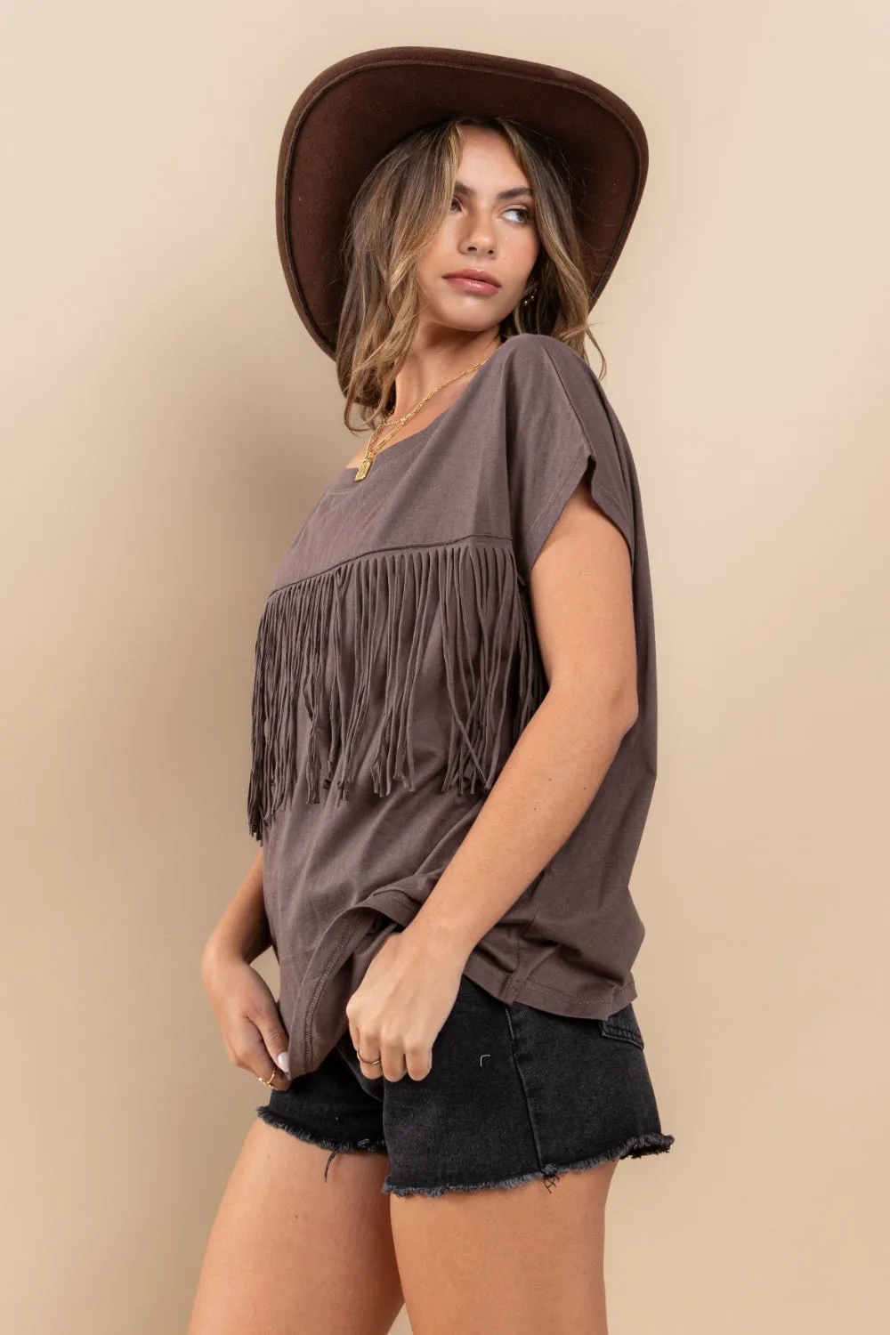 Ces Femme Fringe Detail Round Neck Short Sleeve Top