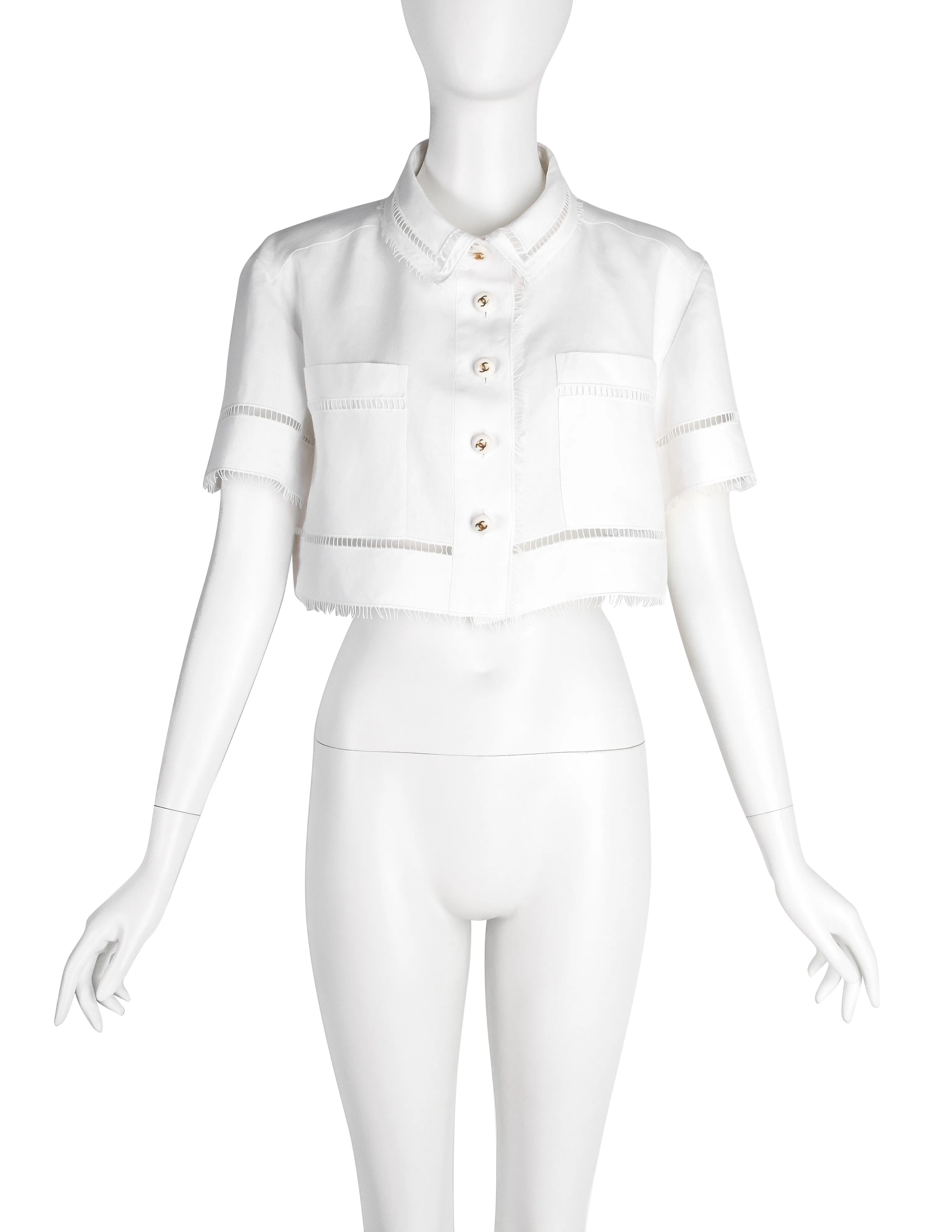 Chanel Vintage SS 1993 Runway White Linen Cropped Collared Button Up Shirt