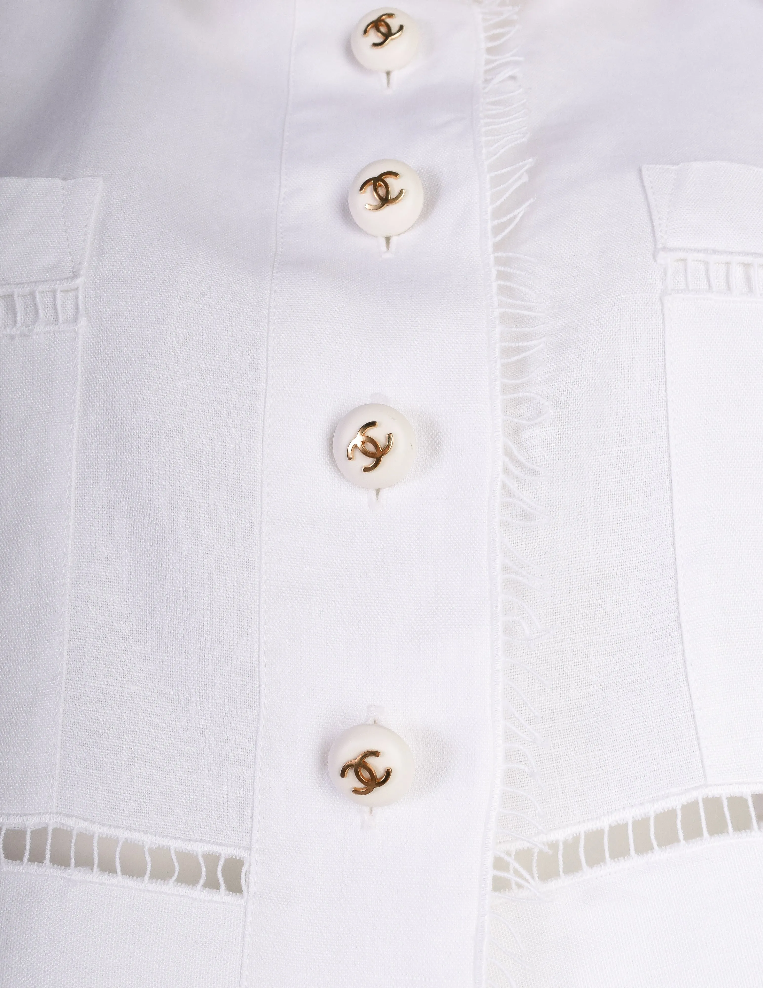 Chanel Vintage SS 1993 Runway White Linen Cropped Collared Button Up Shirt