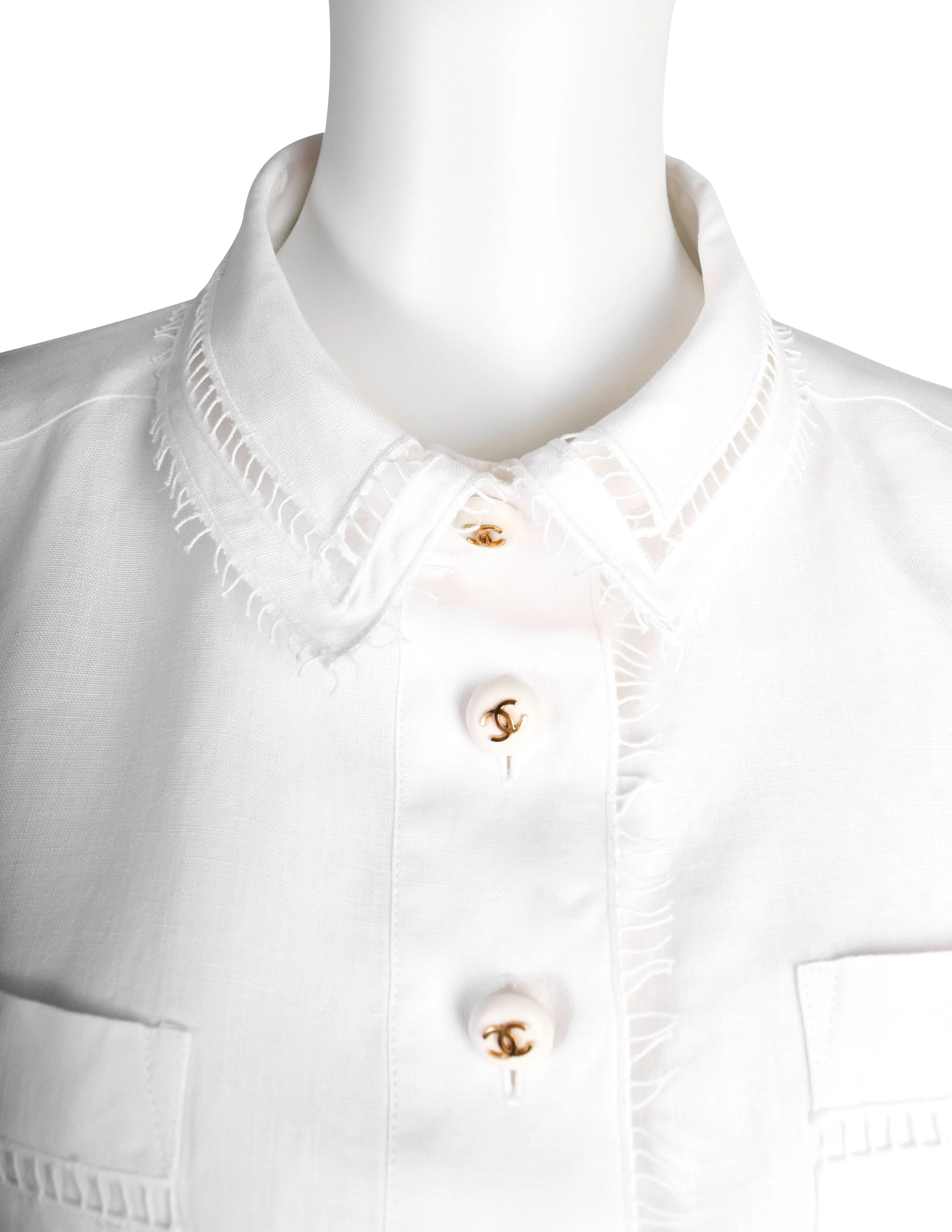 Chanel Vintage SS 1993 Runway White Linen Cropped Collared Button Up Shirt