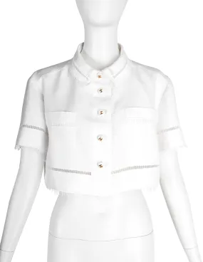 Chanel Vintage SS 1993 Runway White Linen Cropped Collared Button Up Shirt