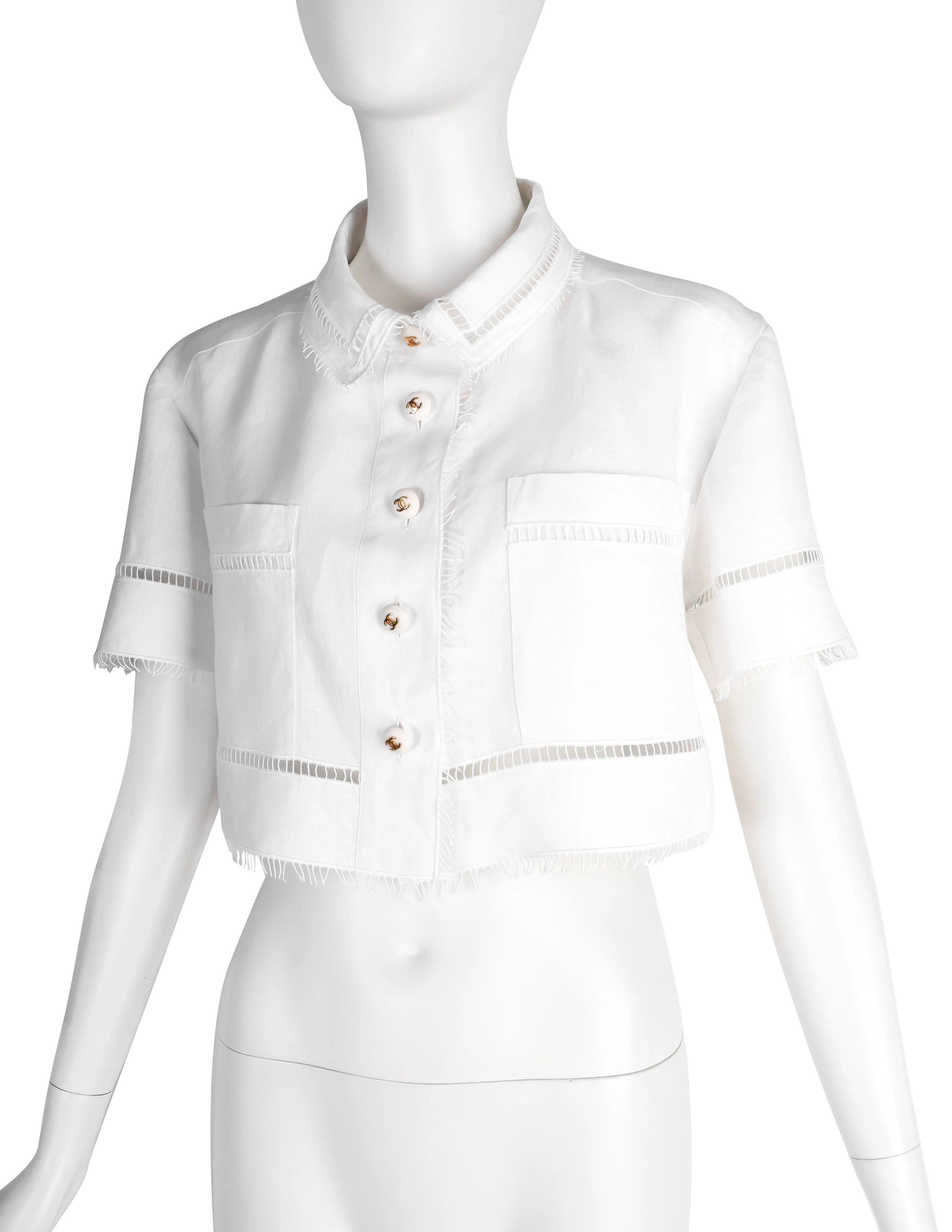 Chanel Vintage SS 1993 Runway White Linen Cropped Collared Button Up Shirt