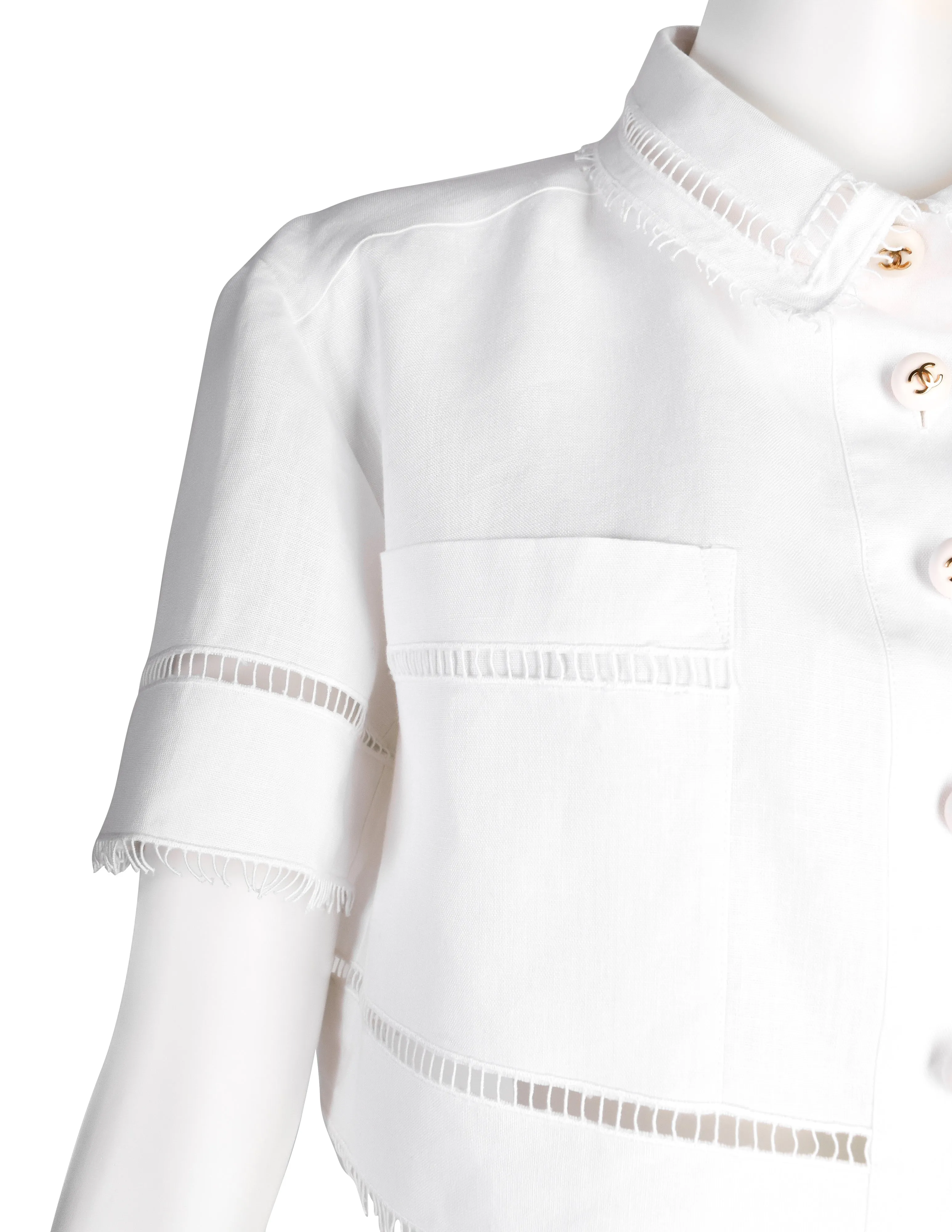 Chanel Vintage SS 1993 Runway White Linen Cropped Collared Button Up Shirt