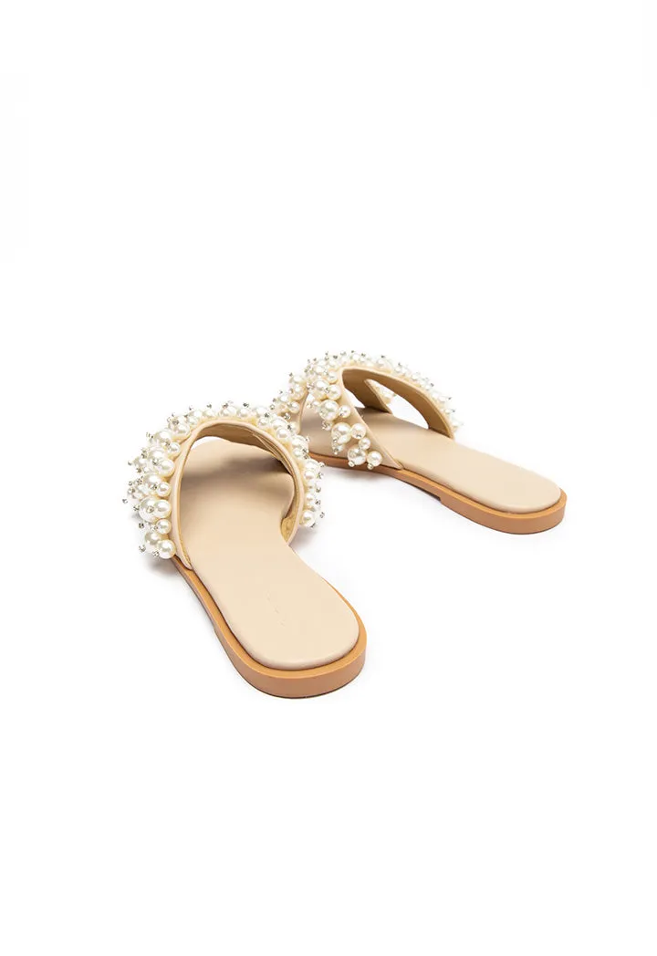 Choice Pearly Beaded Rhinestones Studded Slides Sandals Off White-Beige-Cream