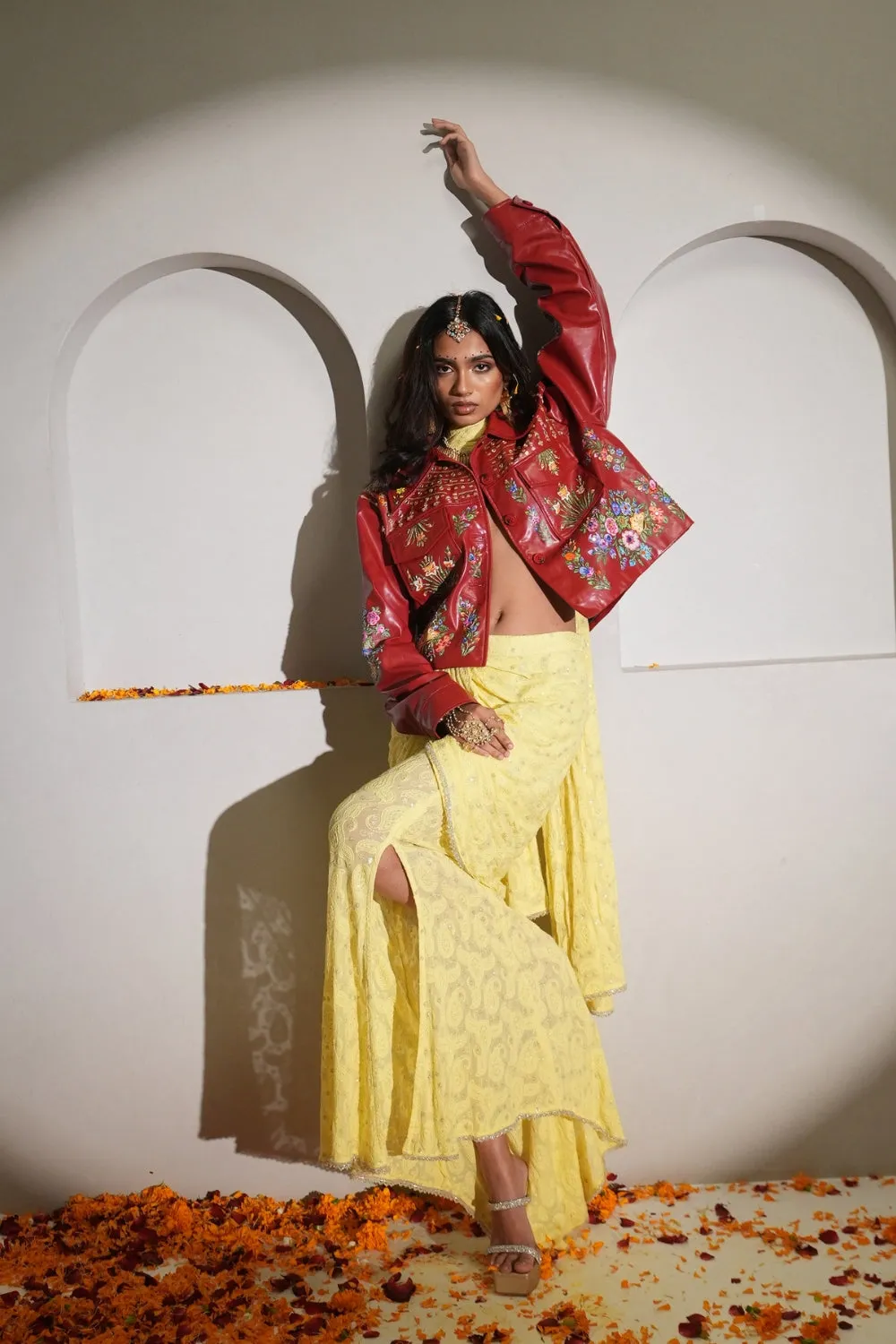 CITRINE BUTTER YELLOW CHICKANKARI DRAPED SKIRT WITH DUPATTA