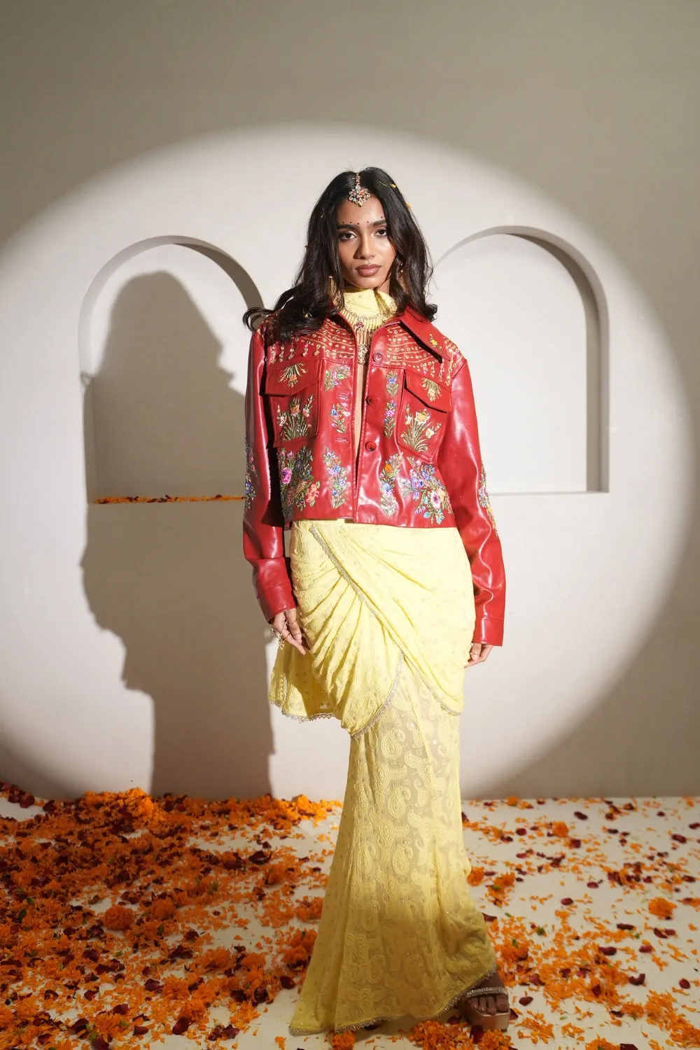 CITRINE BUTTER YELLOW CHICKANKARI DRAPED SKIRT WITH DUPATTA