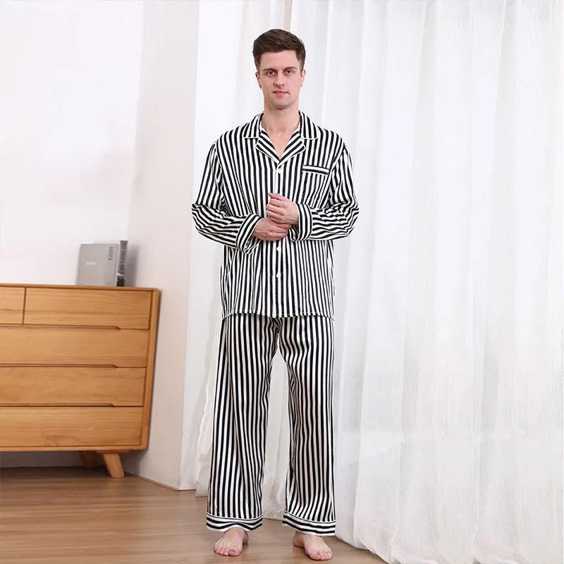 Classic Black And White Stripes  Silk Pajamas Set For Men Long Sleeves 100% Mulberry Silk Nightwear Sleepwear