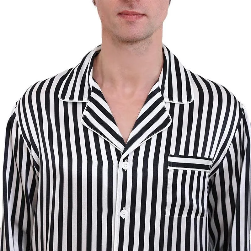 Classic Black And White Stripes  Silk Pajamas Set For Men Long Sleeves 100% Mulberry Silk Nightwear Sleepwear