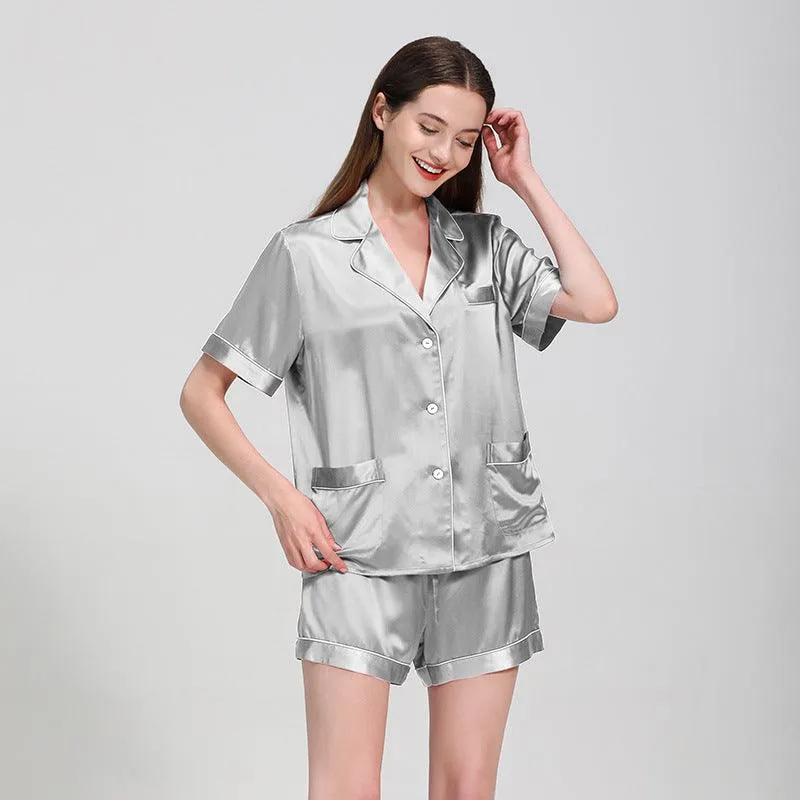 Classic Short Sleeves Silk Pyjamas Set 100% Pure Silk Shorts Sleepwear For Womens