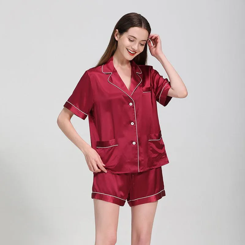 Classic Short Sleeves Silk Pyjamas Set 100% Pure Silk Shorts Sleepwear For Womens