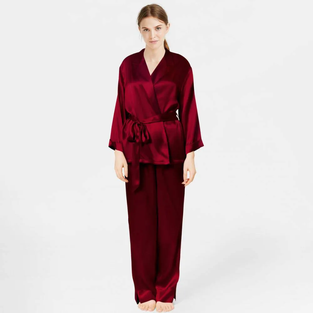 Classic silk Pajamas Long Sleeve Silk Sleepwear Silk Robe And Pajama Set