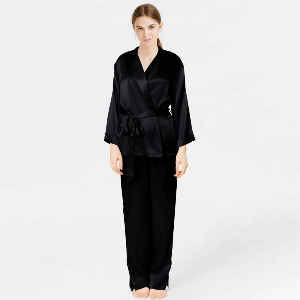 Classic silk Pajamas Long Sleeve Silk Sleepwear Silk Robe And Pajama Set