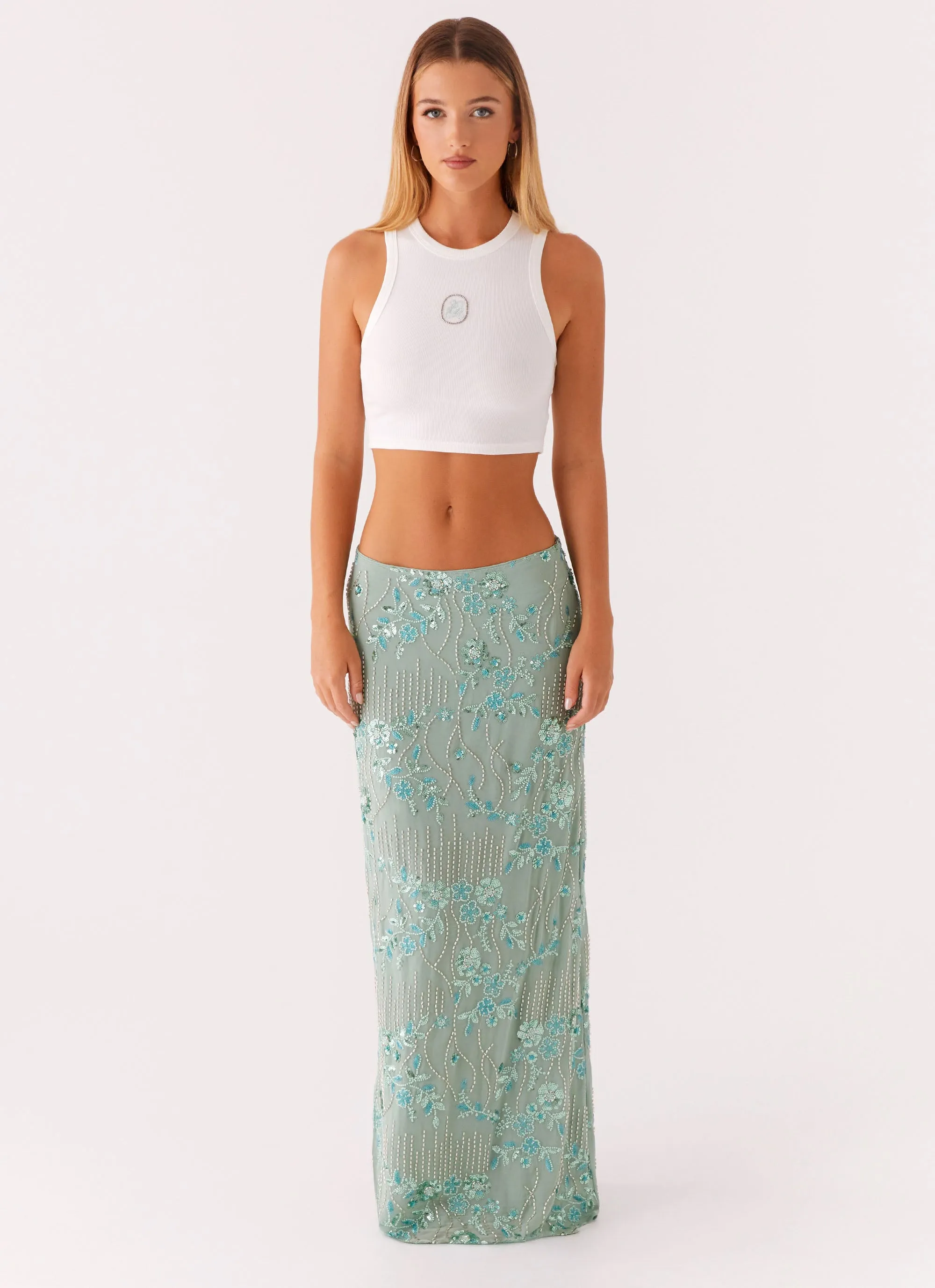 Corinna Low Rise Sequin Maxi Skirt - Mint