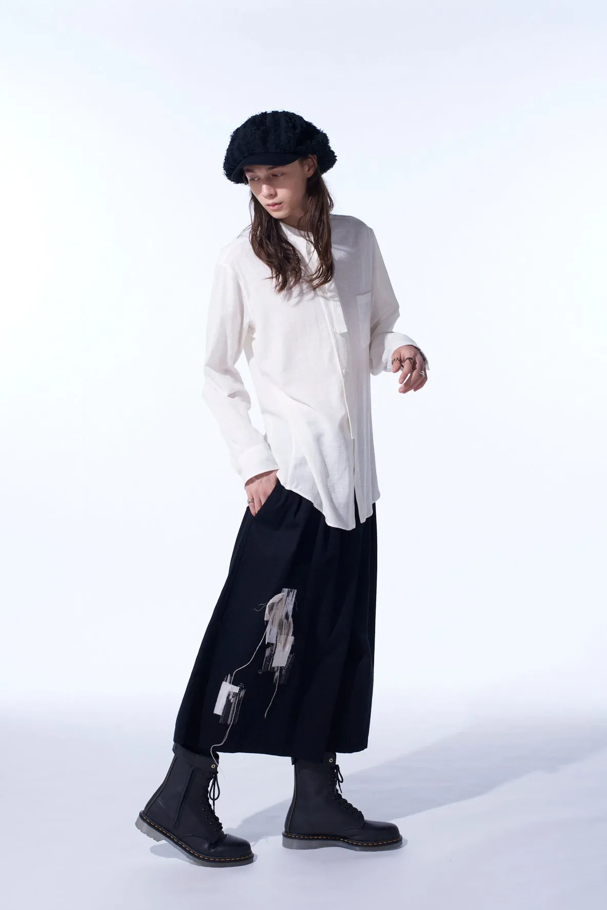 COTTON TWILL "BORO"APPLIQUE CULOTTE PANTS