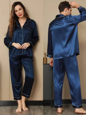 Couple Pure Silk Long Pajama Sets Total 4Pcs