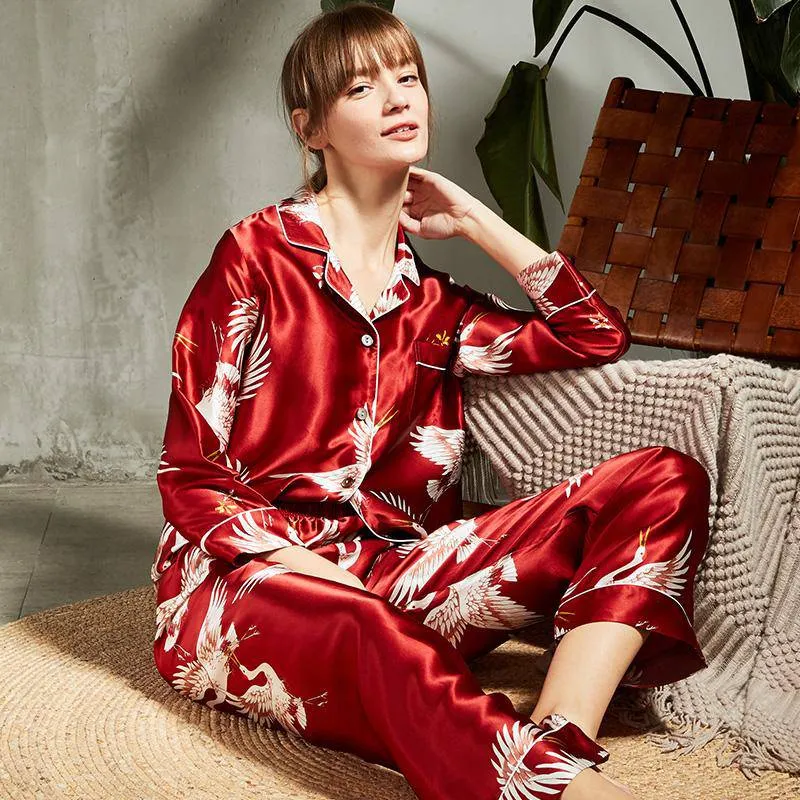 Crane Print Silk Pyjamas Set Mulberry Long Silk Nightwear