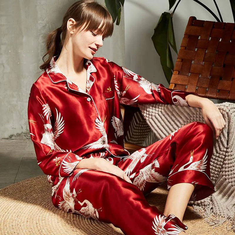 Crane Print Silk Pyjamas Set Mulberry Long Silk Nightwear