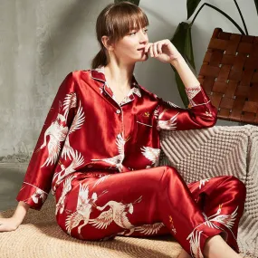 Crane Print Silk Pyjamas Set Mulberry Long Silk Nightwear