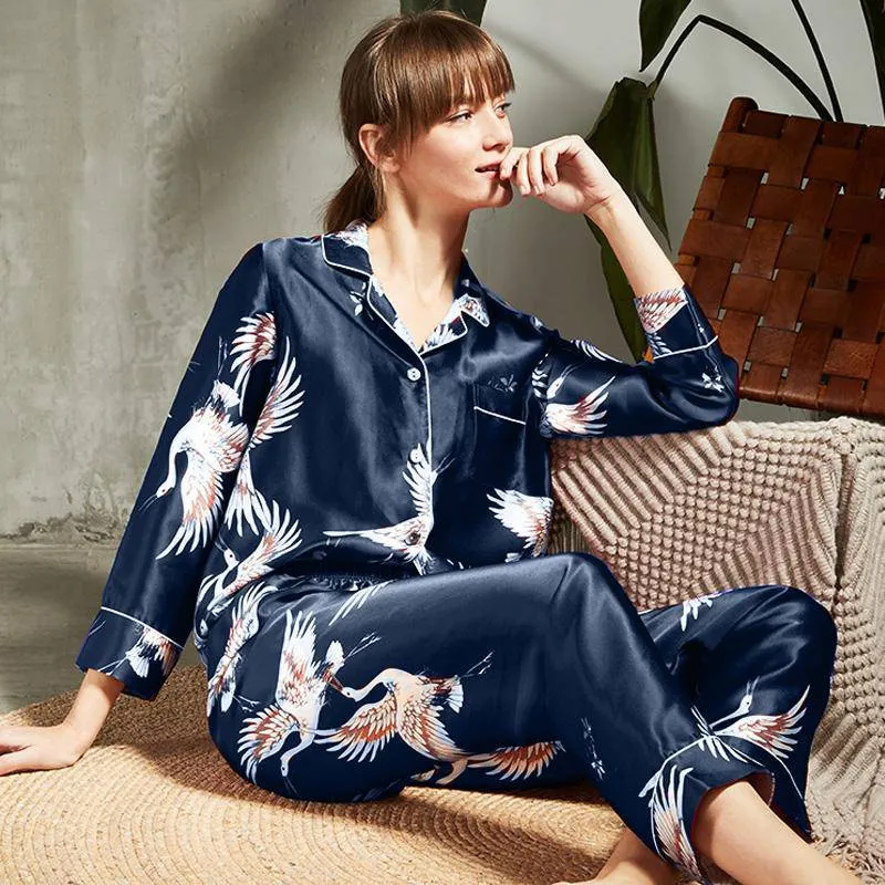 Crane Print Silk Pyjamas Set Mulberry Long Silk Nightwear