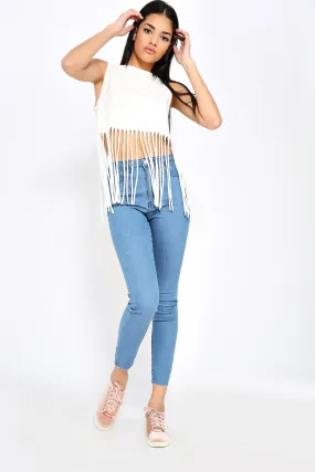 Cream Laser Cut Fringe Crop Top