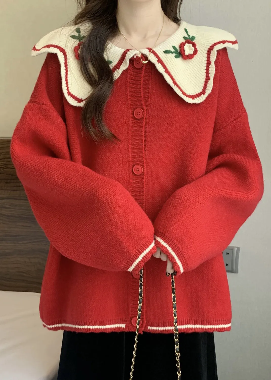 Cute Red Peter Pan Collar Embroidered Knit Loose Cardigans Winter RG024