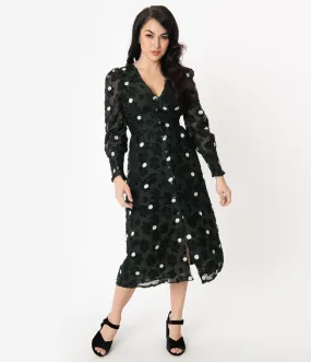 Dark Hunter Green & Ivory Polka Dot Flocked Midi Dress