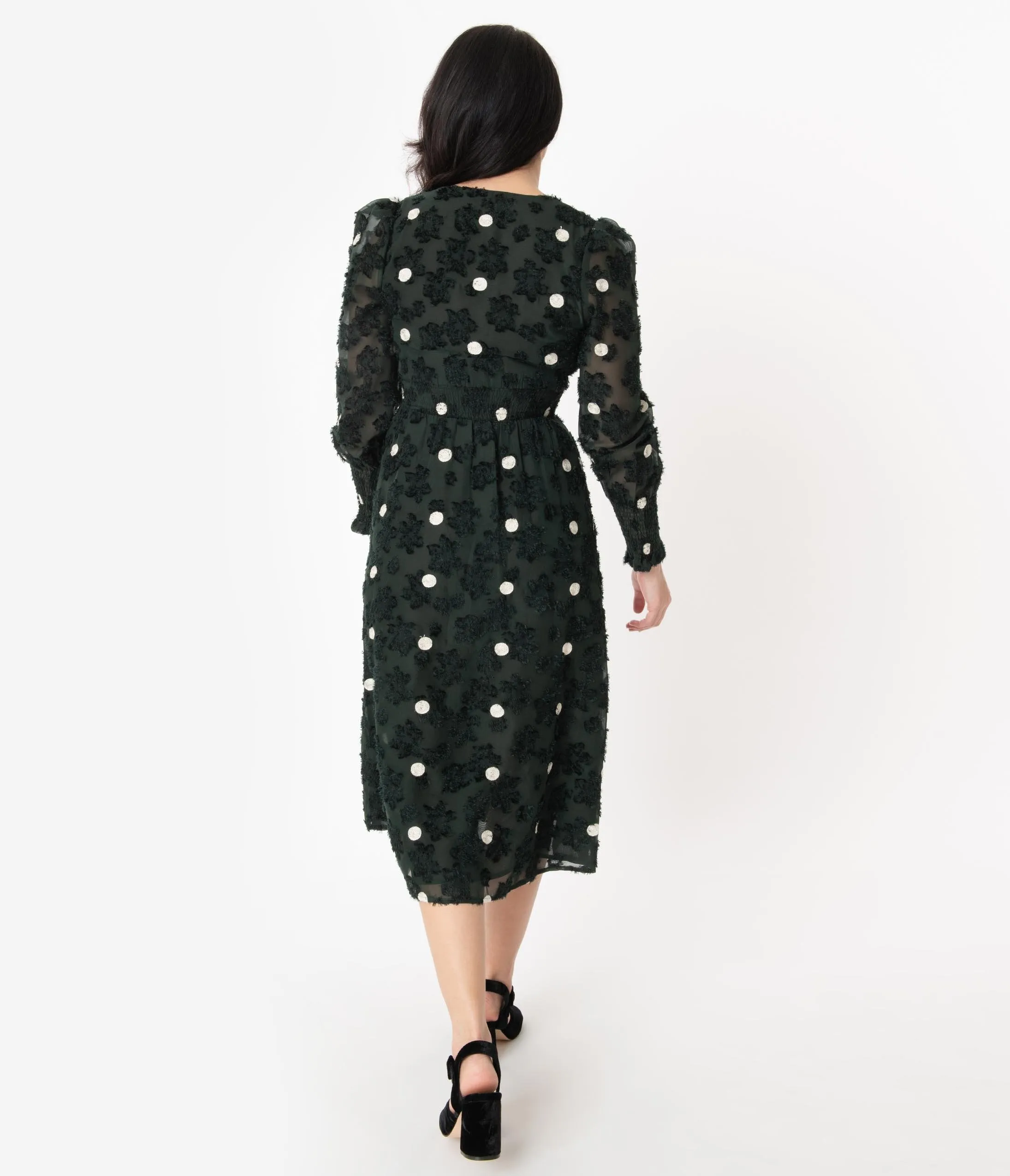 Dark Hunter Green & Ivory Polka Dot Flocked Midi Dress