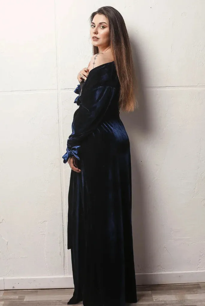 Designer Navy Blue Velvet Robe for Women, Full length Robe for party and occasion