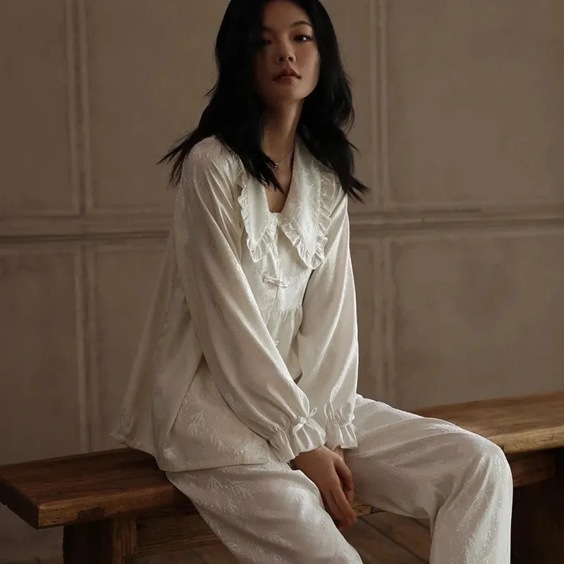 Devora Elegant Jacquard Flower Ruffle Pajamas Set