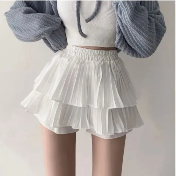 Elastic Waist Plain Tiered Skorts