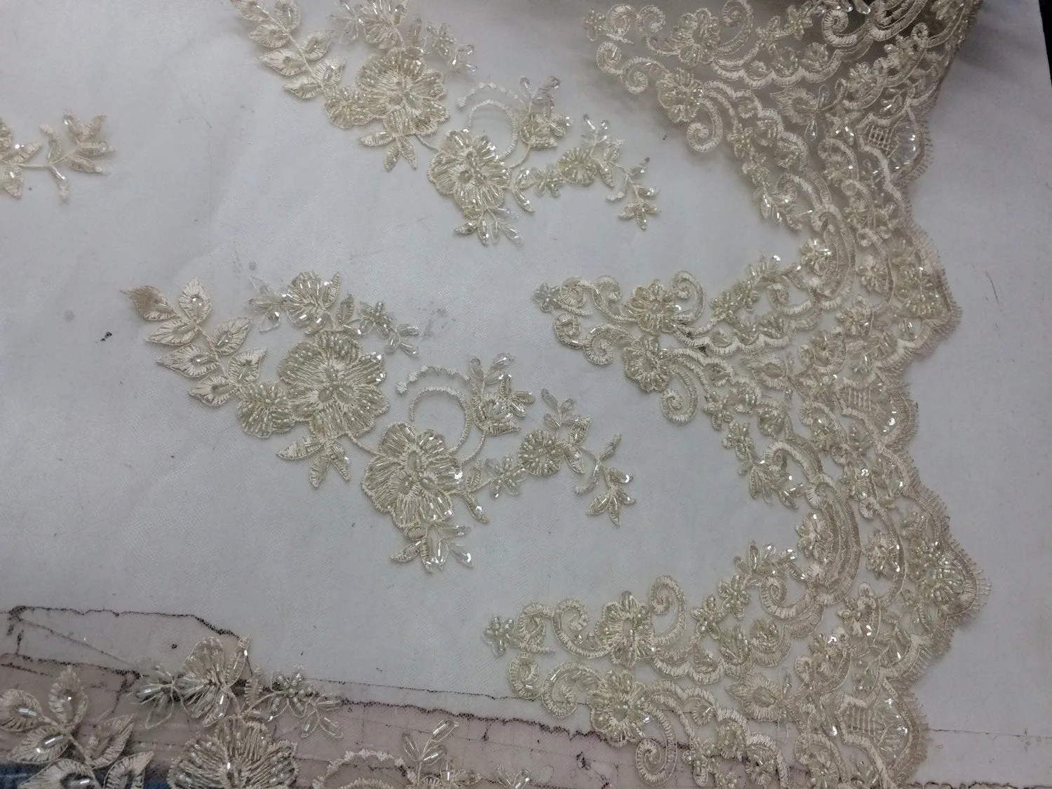 Elegant ivory hand beaded mesh lace. Wedding/Bridal-prom-nightgown fabric lace.36x50inches. Sold by the yard.