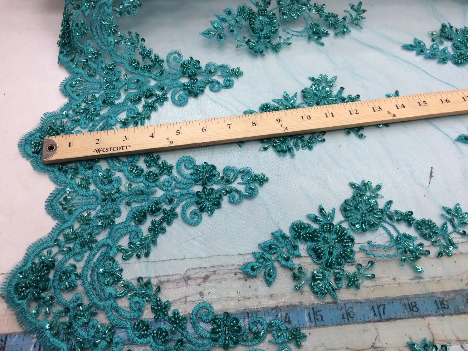 Elegant jade green hand beaded mesh lace. Wedding/ bridal/prom-nightgown- fabric lace.36x50inches. Sold by the yard.