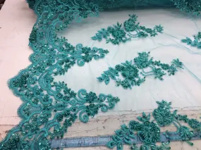 Elegant jade green hand beaded mesh lace. Wedding/ bridal/prom-nightgown- fabric lace.36x50inches. Sold by the yard.