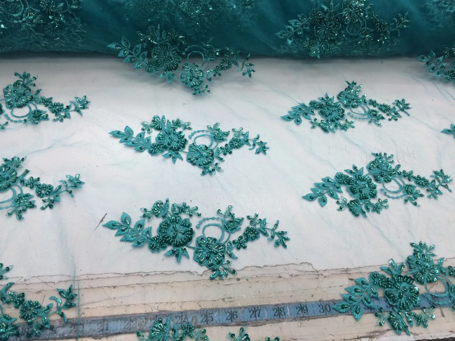 Elegant jade green hand beaded mesh lace. Wedding/ bridal/prom-nightgown- fabric lace.36x50inches. Sold by the yard.