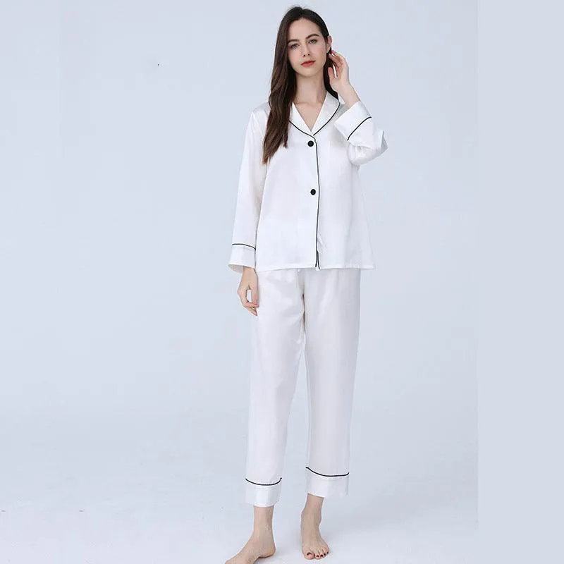 ELegant Ladies Silk Pajamas Set  100% Mulberry Silk Sleepwear Long  NightWear Suit