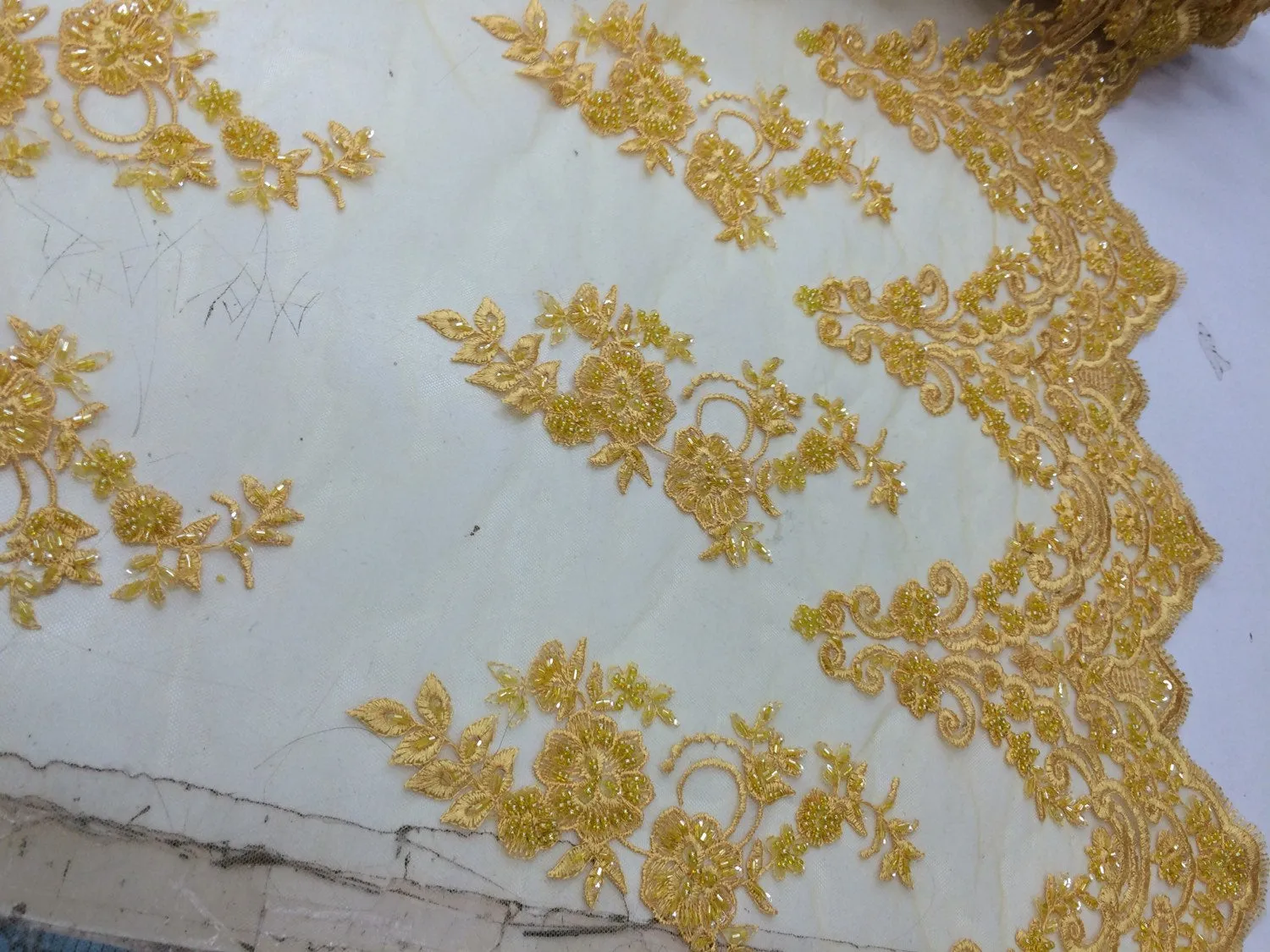 Elegant yellow hand beaded mesh lace. Wedding/Bridal/prom-nightgown  fabric lace.36x50inches. Sold by the yard.