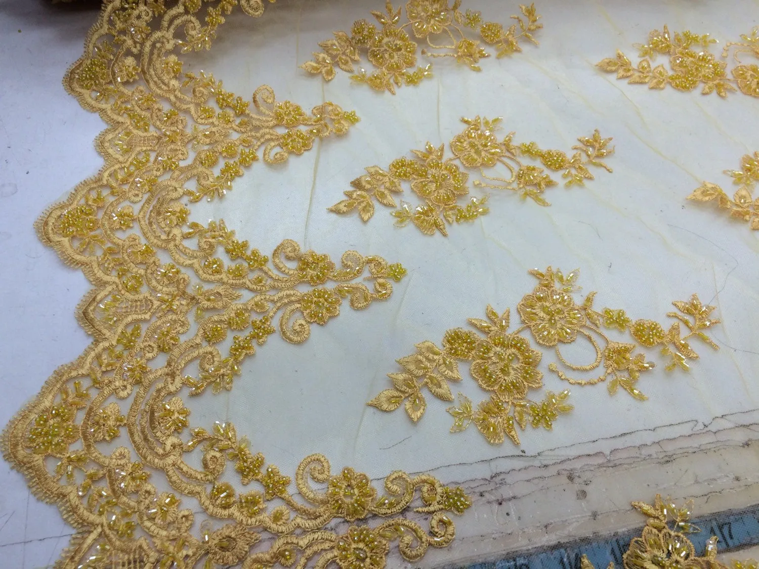 Elegant yellow hand beaded mesh lace. Wedding/Bridal/prom-nightgown  fabric lace.36x50inches. Sold by the yard.