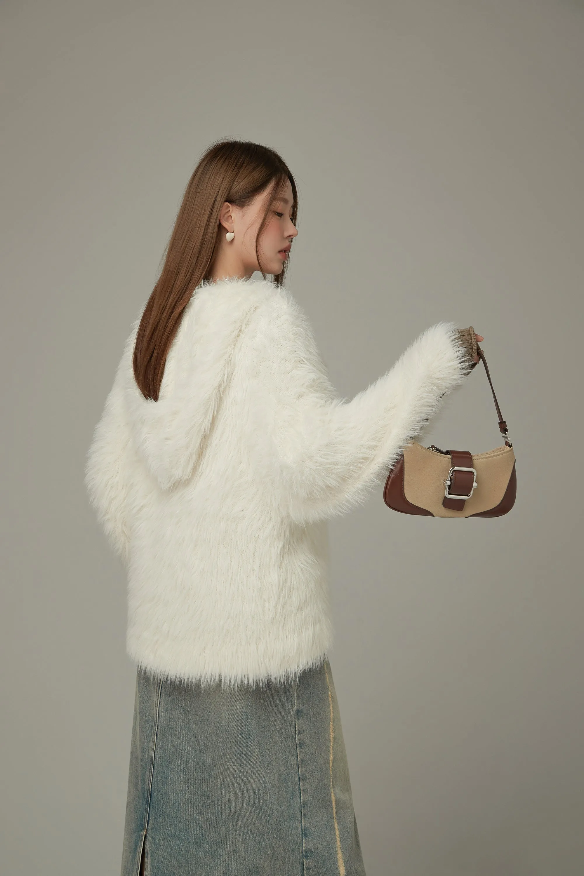 Embroidered Fuzzy Hooded Cardigan