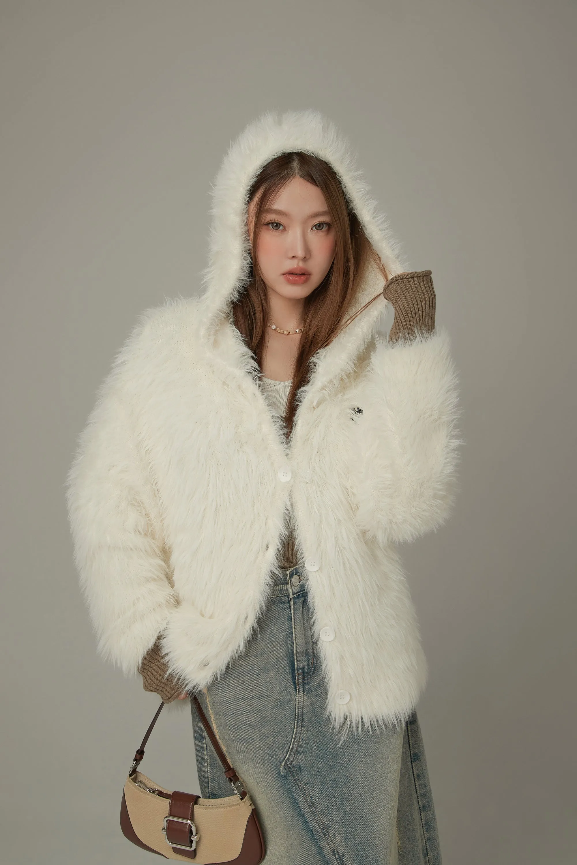 Embroidered Fuzzy Hooded Cardigan