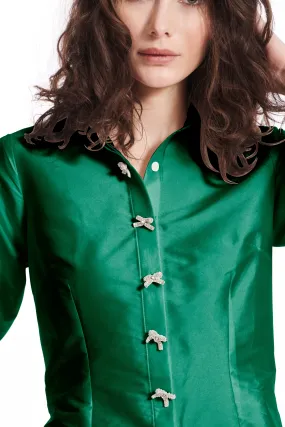 EMERALD TAFFETA BLOUSE WITH CRYSTAL BOW BUTTON