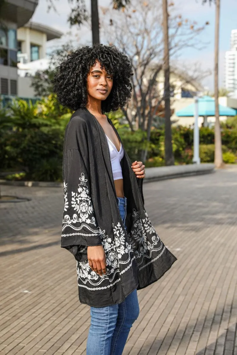 Falling Petals Embroidered Floral Vine Lightweight Kimono - Black