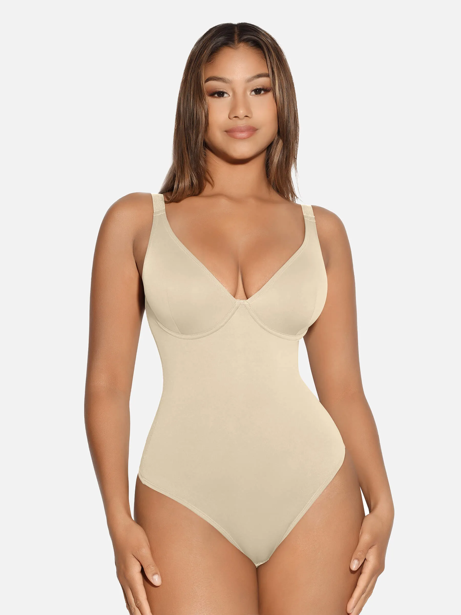 Feelingirl V Neck Tummy Control Thong Bodysuit