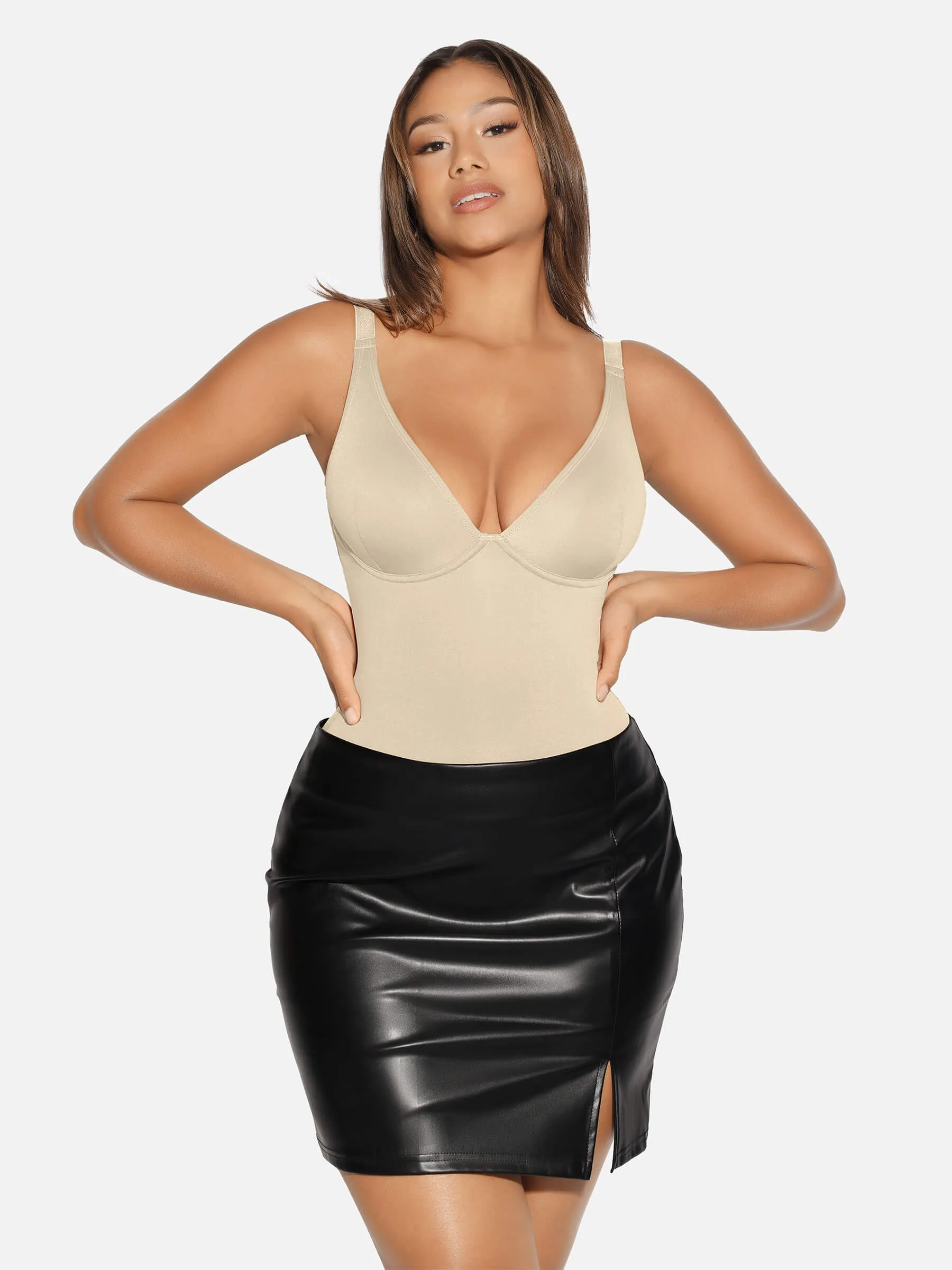 Feelingirl V Neck Tummy Control Thong Bodysuit