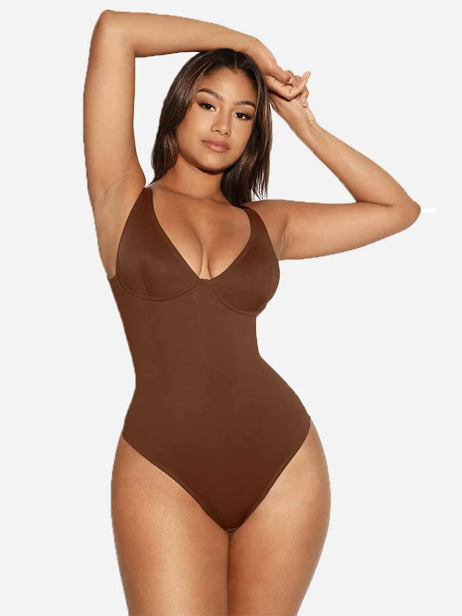 Feelingirl V Neck Tummy Control Thong Bodysuit