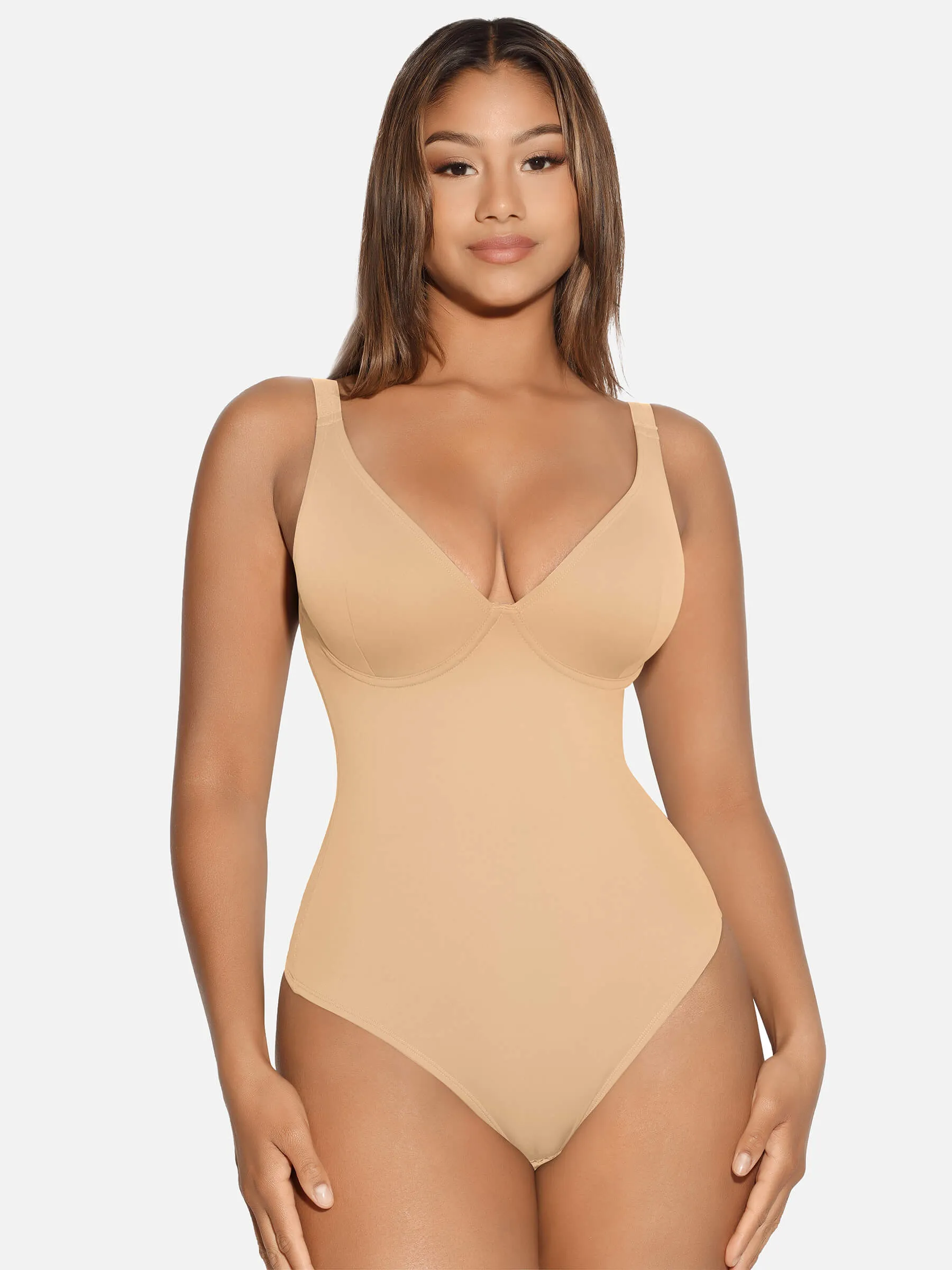 Feelingirl V Neck Tummy Control Thong Bodysuit