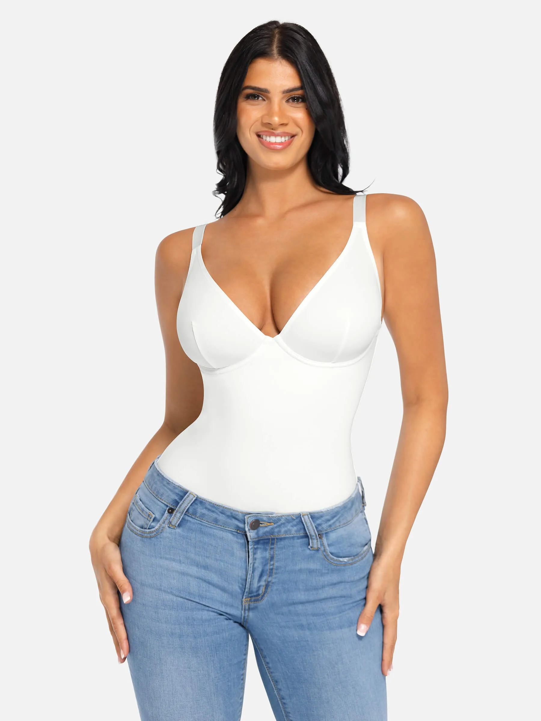 Feelingirl V Neck Tummy Control Thong Bodysuit