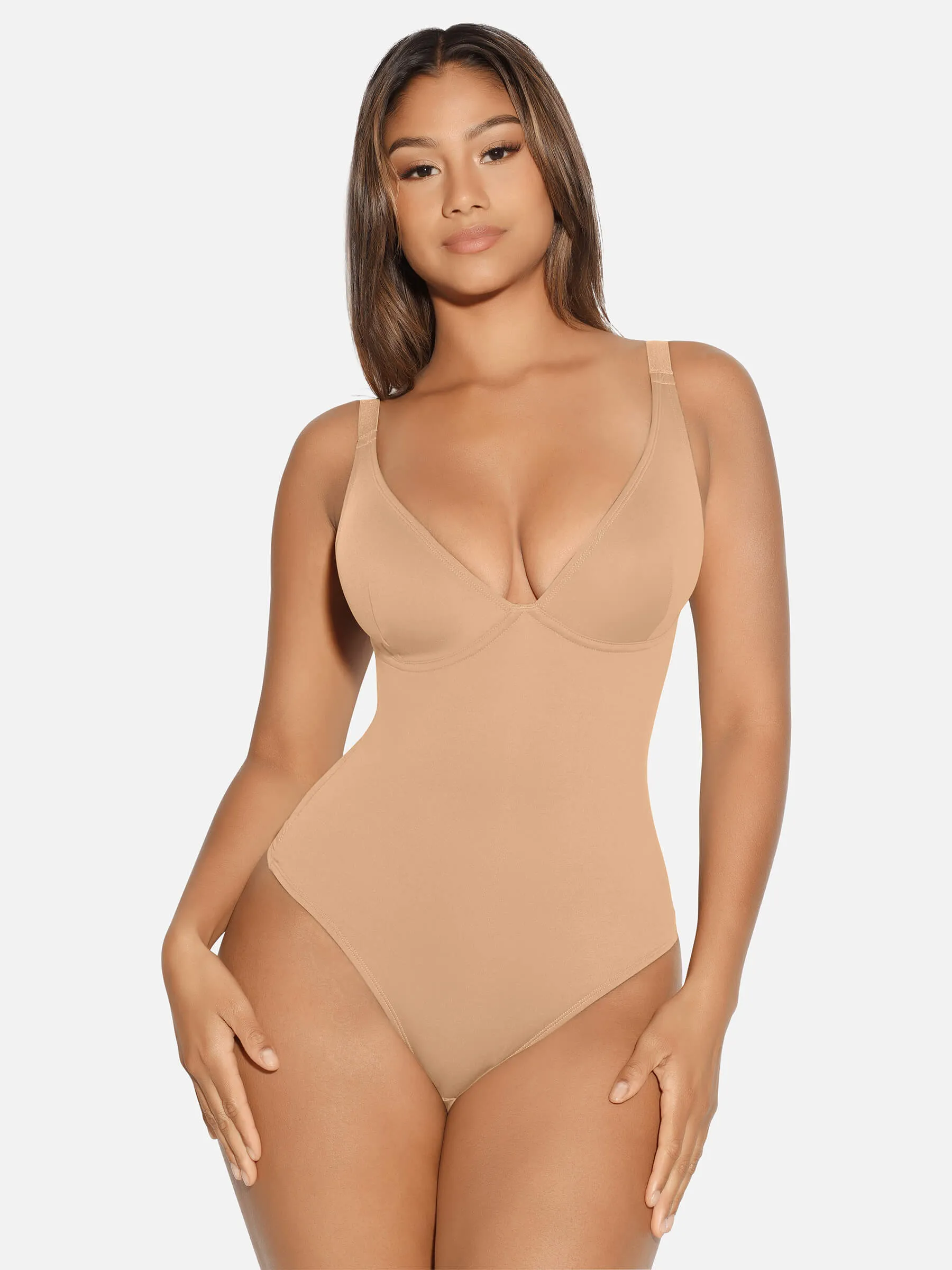 Feelingirl V Neck Tummy Control Thong Bodysuit