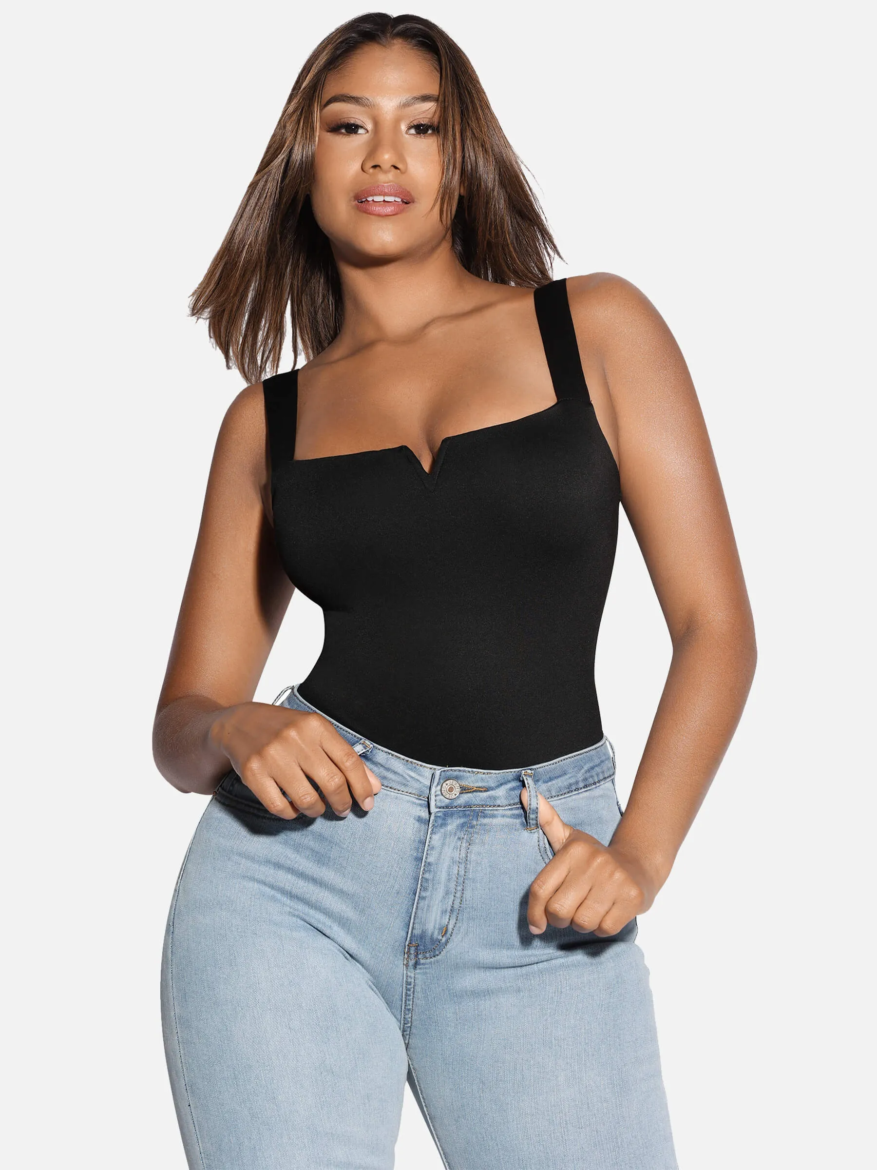 Feelingirl V Neck Tummy Control Thong Bodysuit