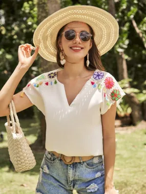 Floral Pattern Fringe Detail Notched Neck Blouse - Medium