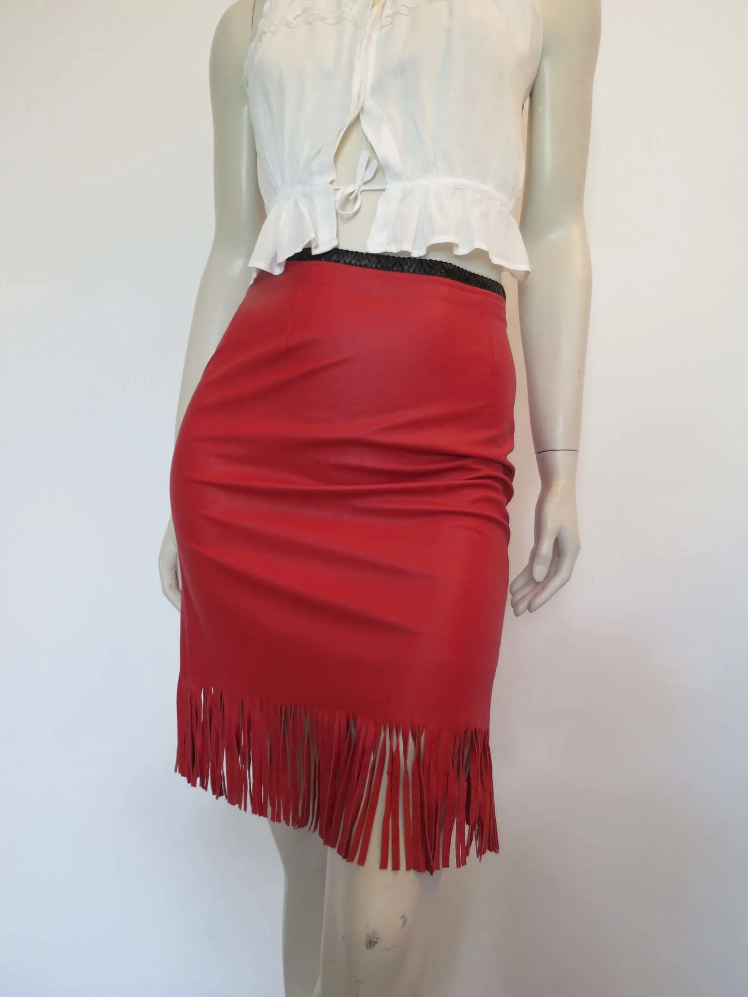 Fringed Red Leather Mini Skirt by Third Millennium - Small